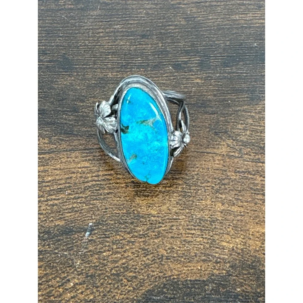 Vintage Sterling Silver Turquoise Floral Split Shank Statement Ring Handcrafted